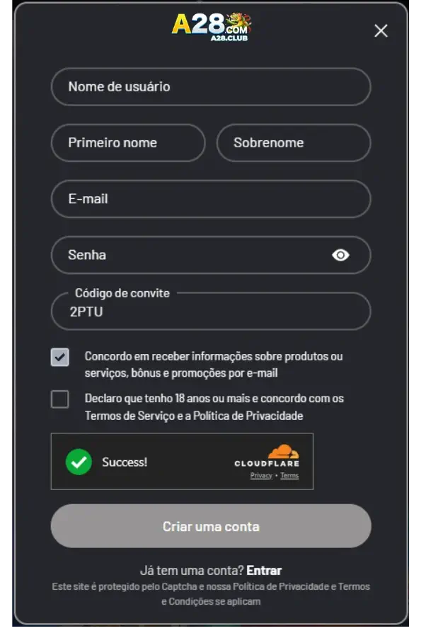 Tela de cadastro simples para novos jogadores na plataforma A28 com.